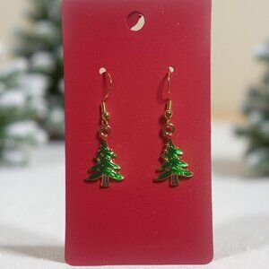 Small Green and Gold Enamel Christmas Tree Earrings